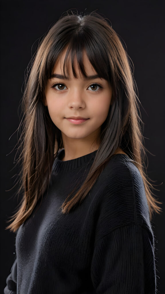 a detailed an realistic photo from a young tanned teen girl, 13 years old, jet raven black thick straight hair and bangs, grey wool sweater, ((stunning)), ((gorgeous)), ((black background))