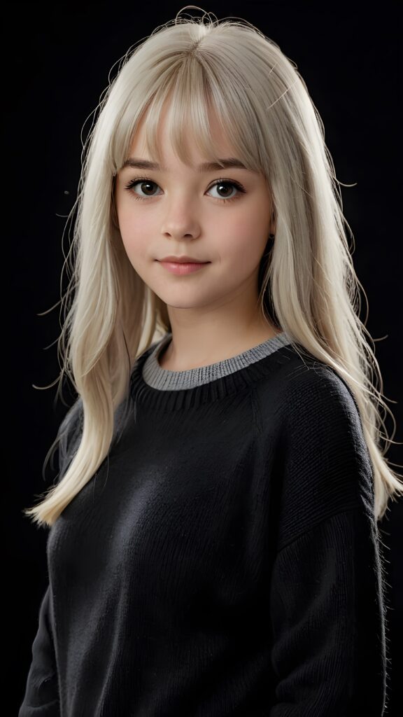 a detailed an realistic photo from a young teen girl, 13 years old, jet white thick straight hair and bangs, grey wool sweater, ((stunning)), ((gorgeous)), ((black background))