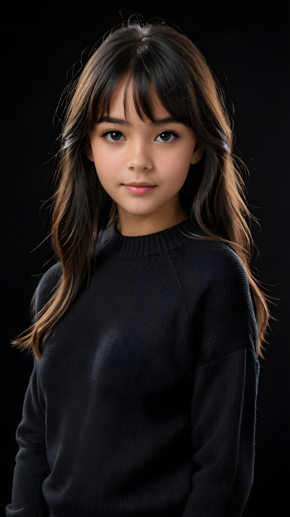 a detailed an realistic photo from a young tanned teen girl, 13 years old, jet black thick straight hair and bangs, black wool sweater, ((stunning)), ((gorgeous)), ((black background))