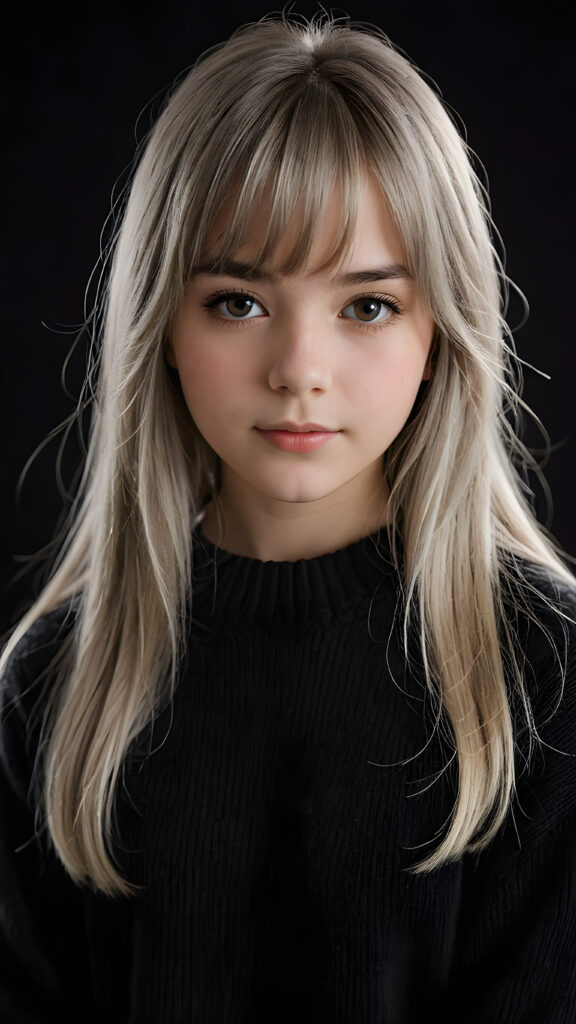 a detailed an realistic photo from a young teen girl, 13 years old, jet white thick straight hair and bangs, grey wool sweater, ((stunning)), ((gorgeous)), ((black background)), perfect light and shadows