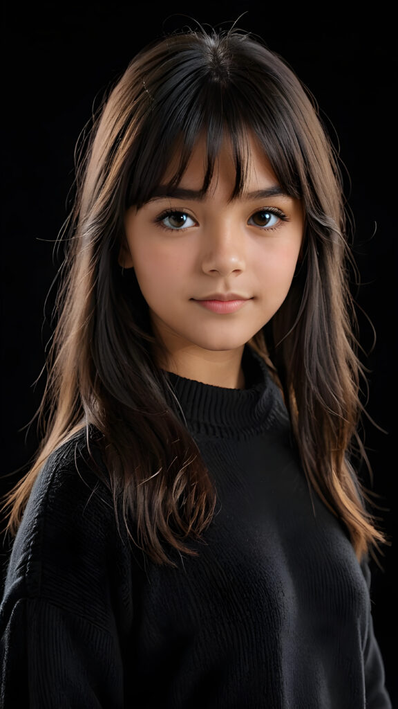 a detailed an realistic photo from a young tanned teen girl, 13 years old, jet black thick straight hair and bangs, black wool sweater, ((stunning)), ((gorgeous)), ((black background))