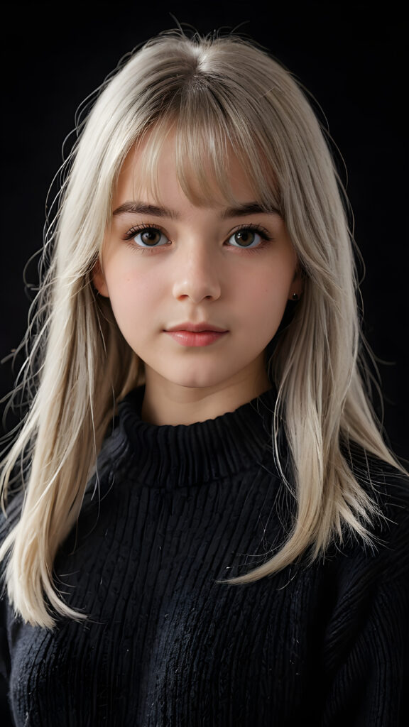 a detailed an realistic photo from a young teen girl, 13 years old, jet white thick straight hair and bangs, grey wool sweater, ((stunning)), ((gorgeous)), ((black background)), perfect light and shadows