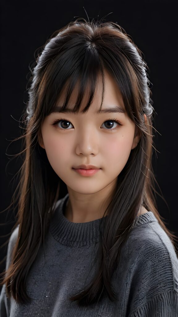 a detailed an realistic photo from a young Korean teen girl, 13 years old, jet raven black thick straight hair and bangs, grey wool sweater, ((stunning)), ((gorgeous)), ((black background))