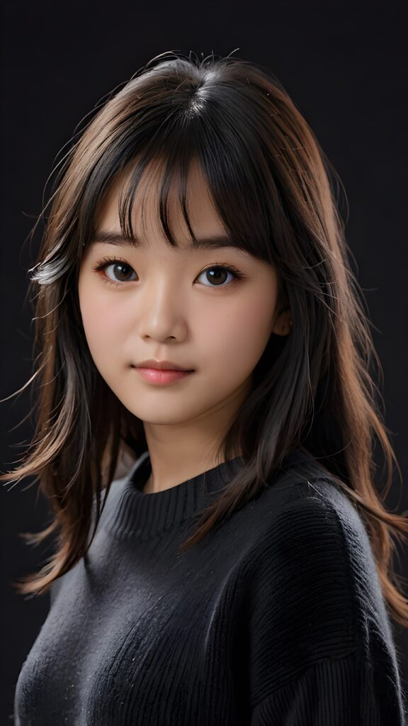 a detailed an realistic photo from a young Korean teen girl, 13 years old, jet raven black thick straight hair and bangs, grey wool sweater, ((stunning)), ((gorgeous)), ((black background))