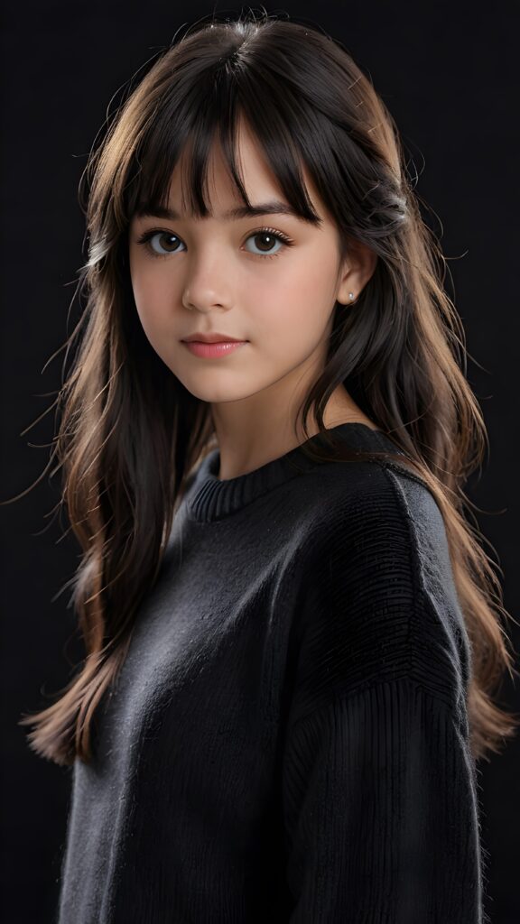 a detailed an realistic photo from a young teen girl, 13 years old, jet raven black thick straight hair and bangs, grey wool sweater, ((stunning)), ((gorgeous)), ((black background))