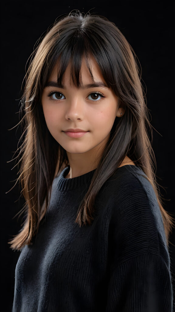 a detailed an realistic photo from a young tanned teen girl, 13 years old, jet raven black thick straight hair and bangs, grey wool sweater, ((stunning)), ((gorgeous)), ((black background))