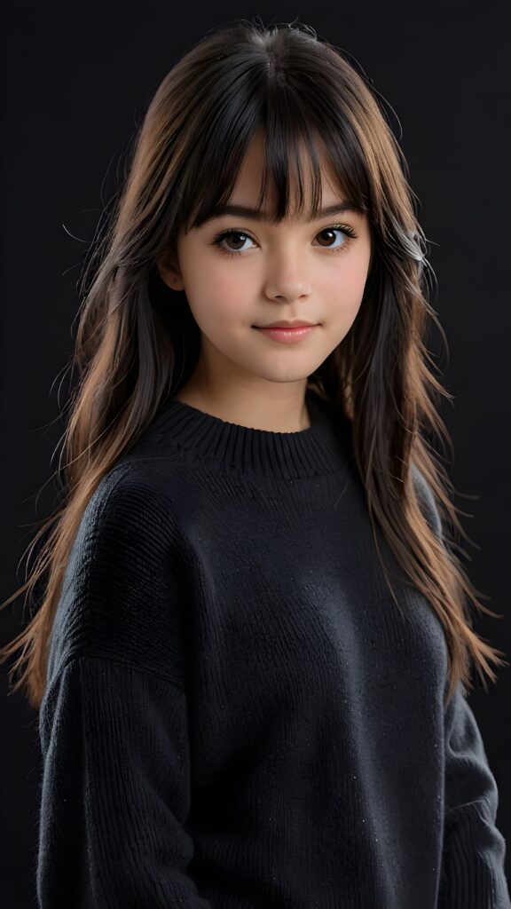 a detailed an realistic photo from a young teen girl, 13 years old, jet raven black thick straight hair and bangs, grey wool sweater, ((stunning)), ((gorgeous)), ((black background))