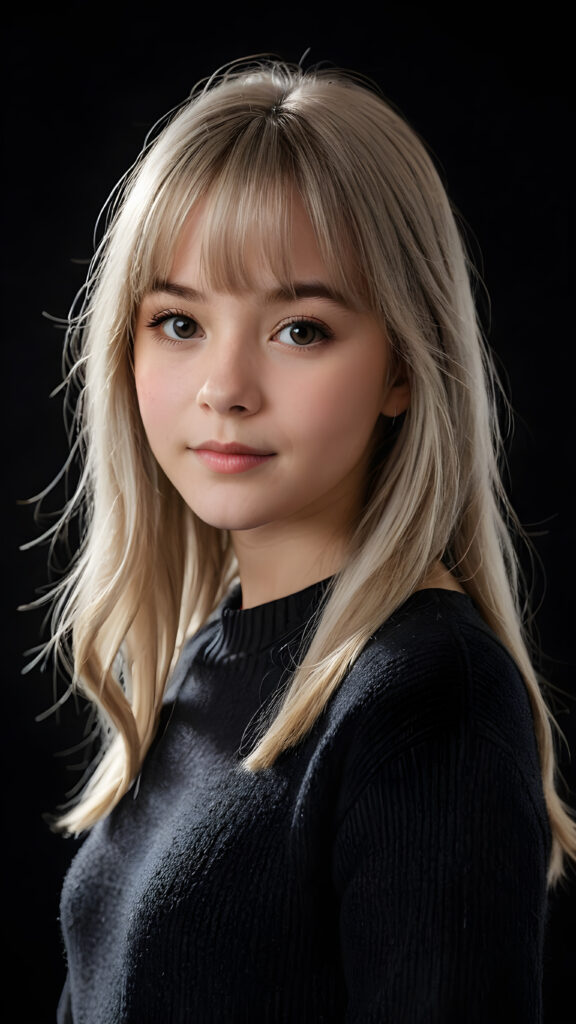 a detailed an realistic photo from a young teen girl, 13 years old, jet white thick straight hair and bangs, grey wool sweater, ((stunning)), ((gorgeous)), ((black background)), perfect light and shadows