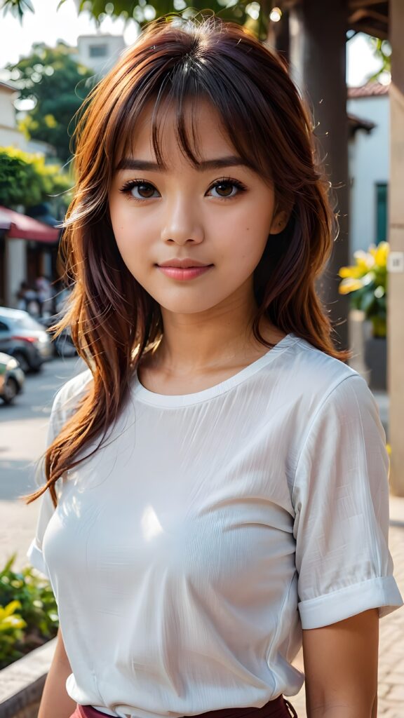 a detailed and realistic portrait from a Filipina teen girl, detailed hair, styled bangs, white short t-shirt, perfect curved body, ultra realistic face, realistic amber eyes, detailed maroon straight hair, a photo with beautiful saturation, ultra high resolution, deep shadow, (best quality, masterpiece), highly detailed, skinny, break depth of field, film grain, looking at viewer, warm smile, ((full body view)) (((cute))) (((elegant))) ((attractive)) ((female model)) ((stunning))