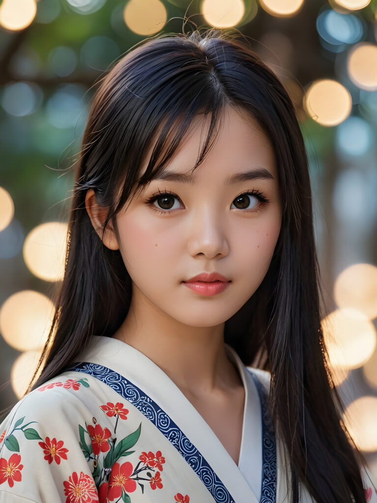 a detailed and realistic picture of a teen girl, traditional Japanese drawing style, she has long straight deep black hair, full lips, round face