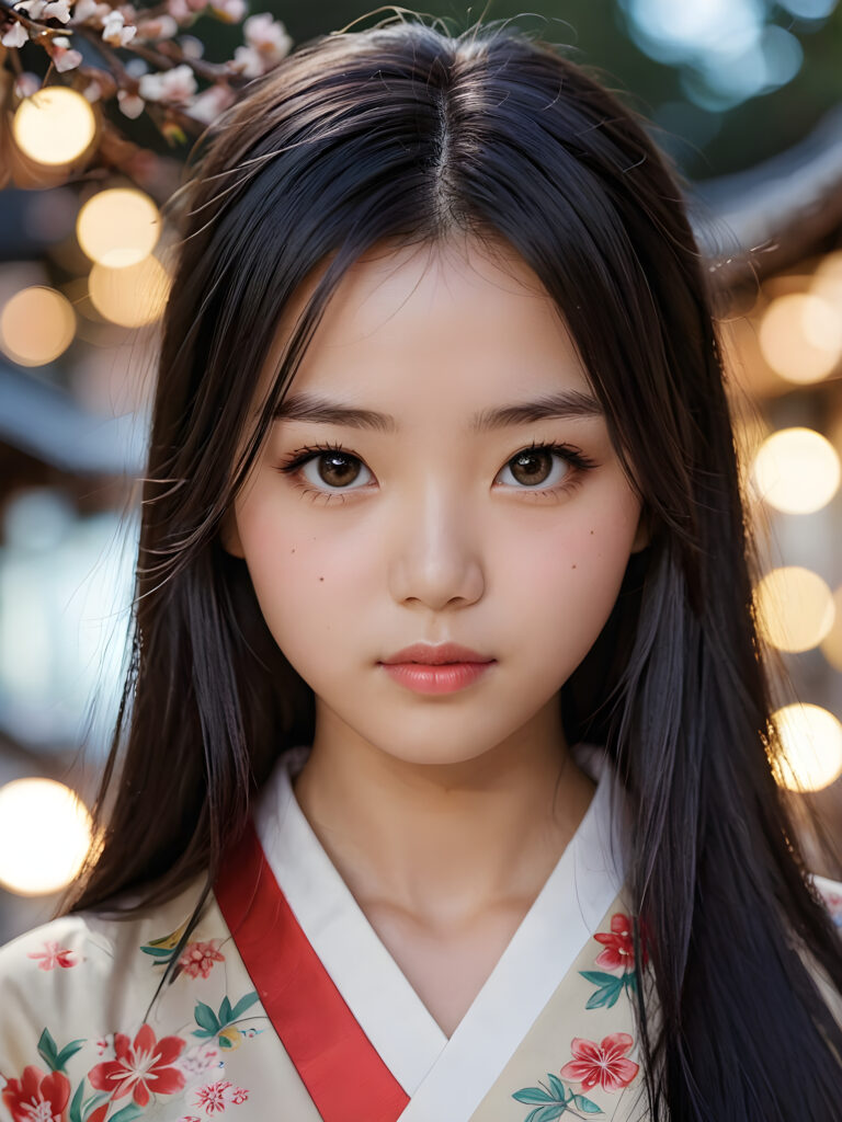 a detailed and realistic picture of a teen girl, traditional Japanese drawing style, she has long straight deep black hair, full lips, round face