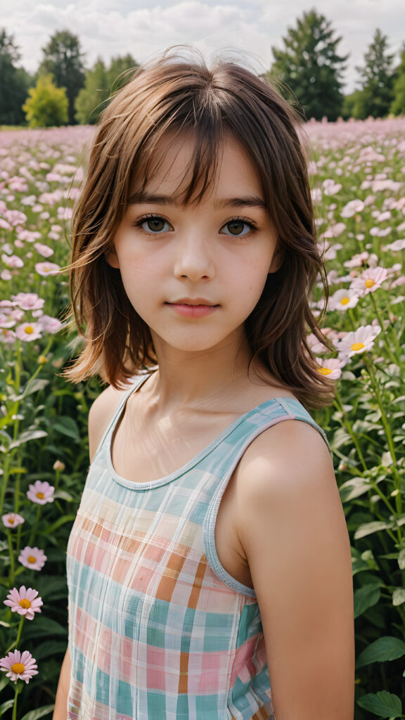 a detailed and perfect portrait with pastel colors, a young cute hippie girl, 13 years old, stands in a flower meadow. She wears a ((checkered tank top)), she look at the viewer, detailed shiny straight soft long brown hair, bangs cut, round detailed face