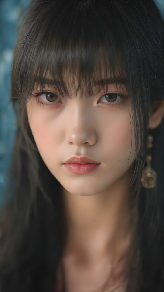 a detailed and realistic (((Japanese teen girl))) with intricate details and ornate patterns, luxurious black long straight hair with side-swept bangs, ((blue background)), perfect light and shadow, ((stunning)), ((gorgeous))