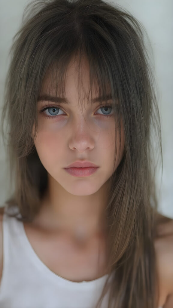 a detailed and realistic photo from a (((beautiful young teen girl), with pale skin and (((long, high volume open jet straight black hair))), long eyelashes , purple eyes (dressed in a (((white cropped tank top))), (((amber eyes))), full body view