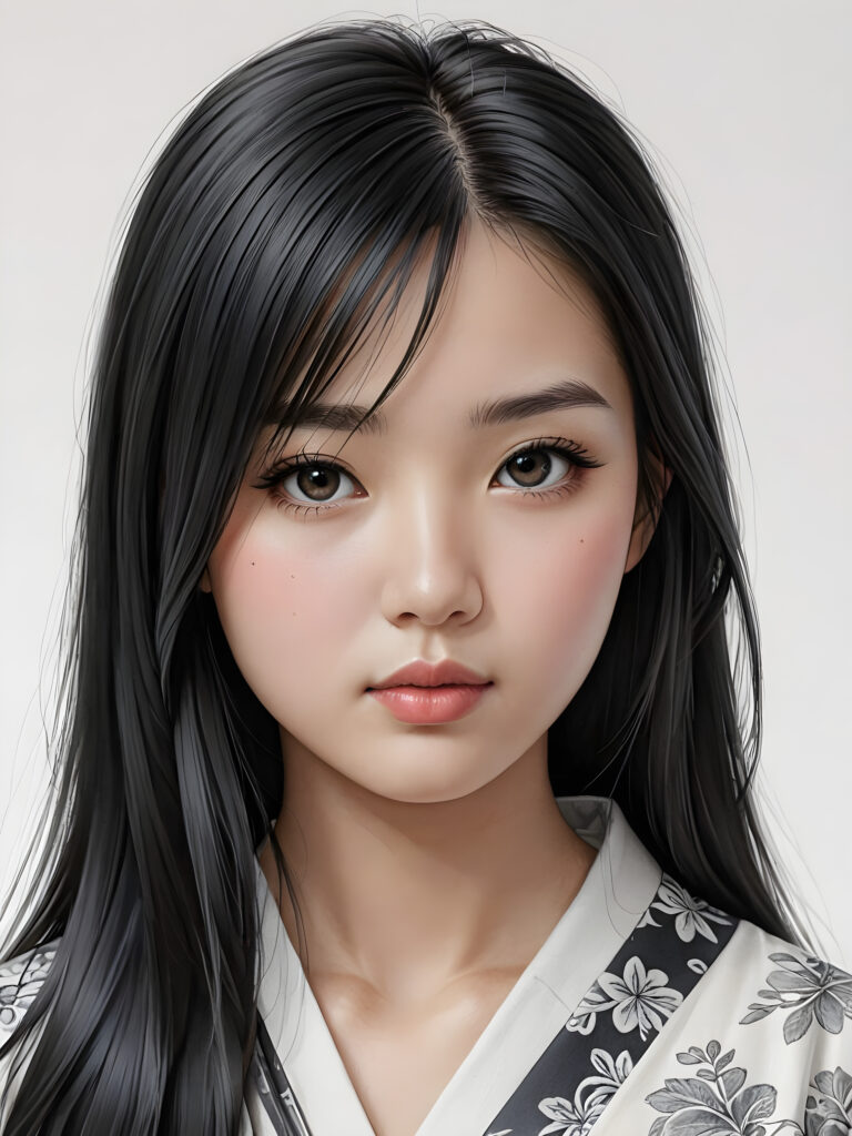 a detailed and realistic picture of a teen girl, traditional Japanese drawing style, she has long straight deep black hair, full lips, round face