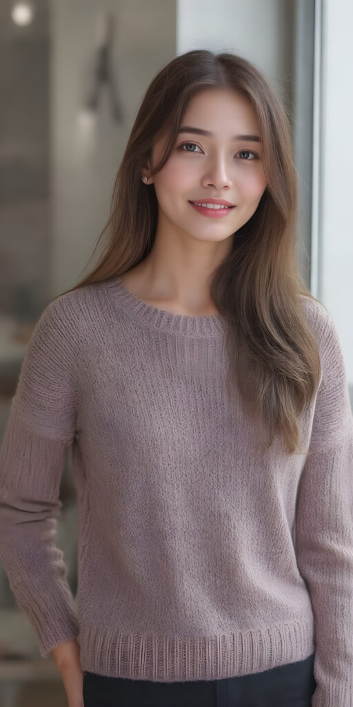 a detailed and cute Korean lady, stunning, gorgeous, perfect body, thin sweater made of fine wool