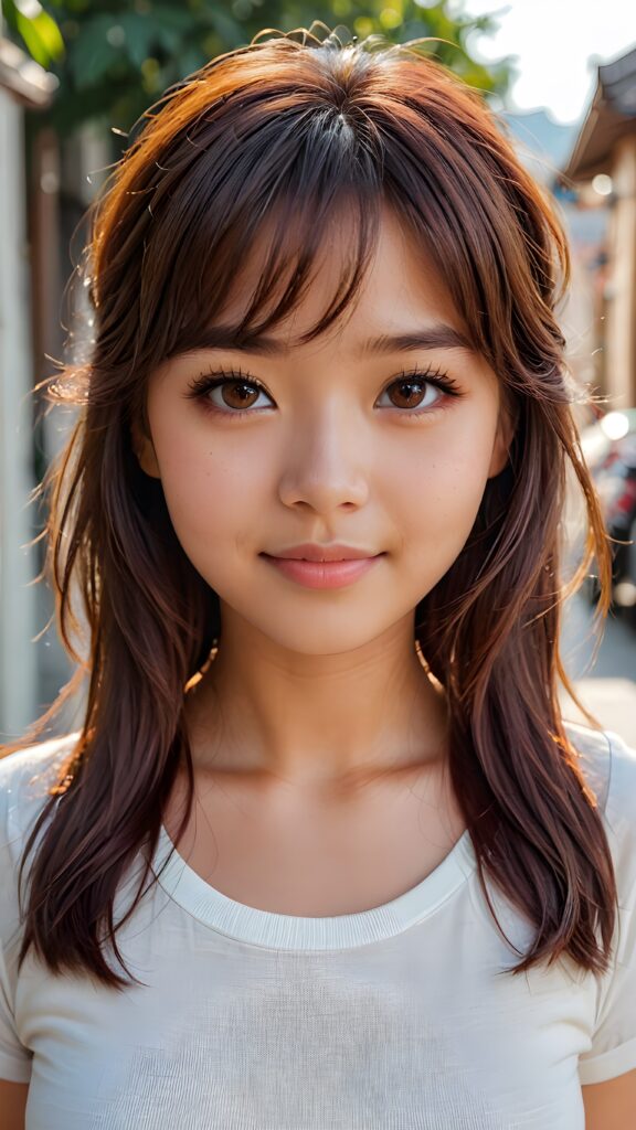 a detailed and realistic portrait from a Filipina teen girl, detailed hair, styled bangs, white short t-shirt, perfect curved body, ultra realistic face, realistic amber eyes, detailed maroon straight hair, a photo with beautiful saturation, ultra high resolution, deep shadow, (best quality, masterpiece), highly detailed, skinny, break depth of field, film grain, looking at viewer, warm smile, ((full body view)) (((cute))) (((elegant))) ((attractive)) ((female model)) ((stunning))