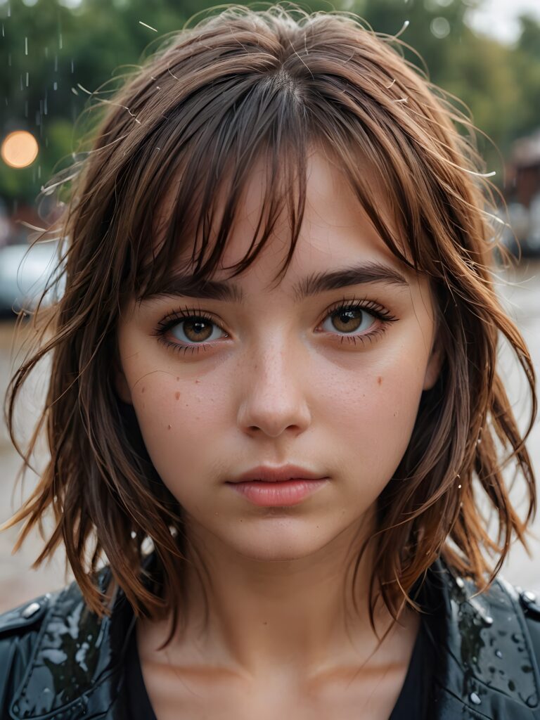 a detailed and realistic portrait of a sad girl with brown hair in bangs cut, big, wet eyes