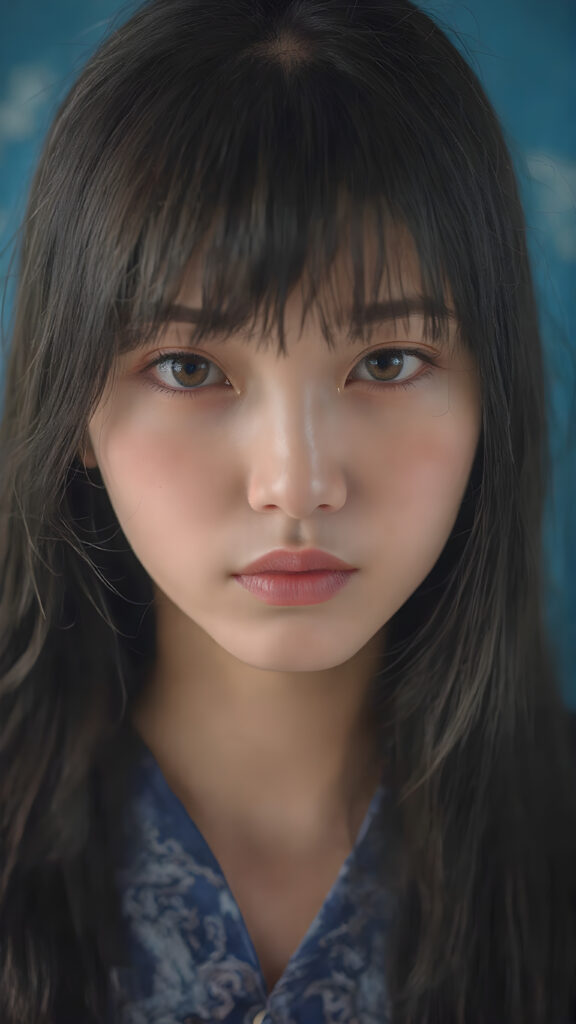 a detailed and realistic (((Japanese teen girl))) with intricate details and ornate patterns, luxurious black long straight hair with side-swept bangs, ((blue background)), perfect light and shadow, ((stunning)), ((gorgeous))