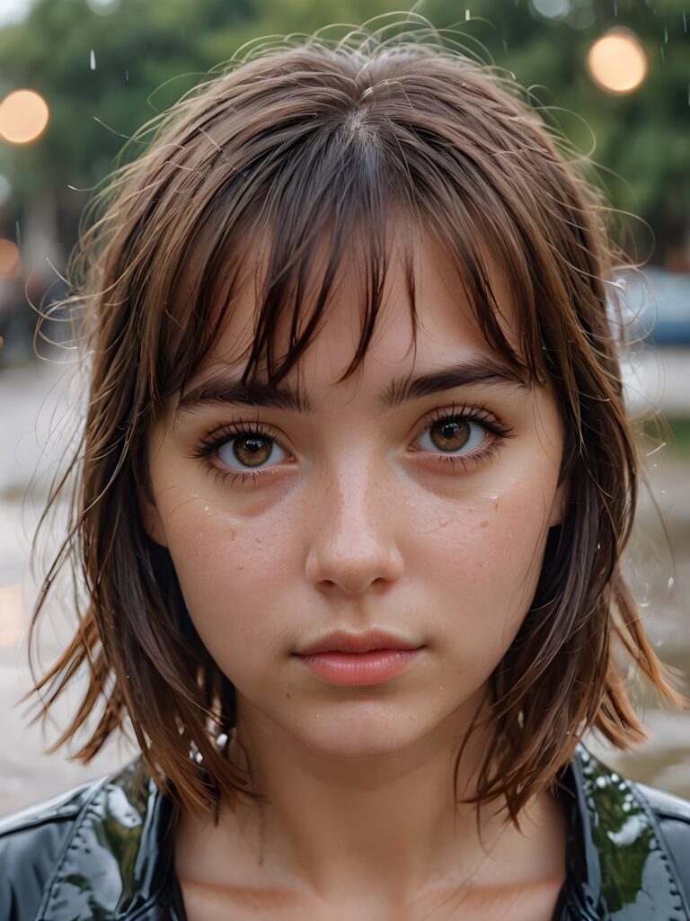 a detailed and realistic portrait of a sad girl with brown hair in bangs cut, big, wet eyes