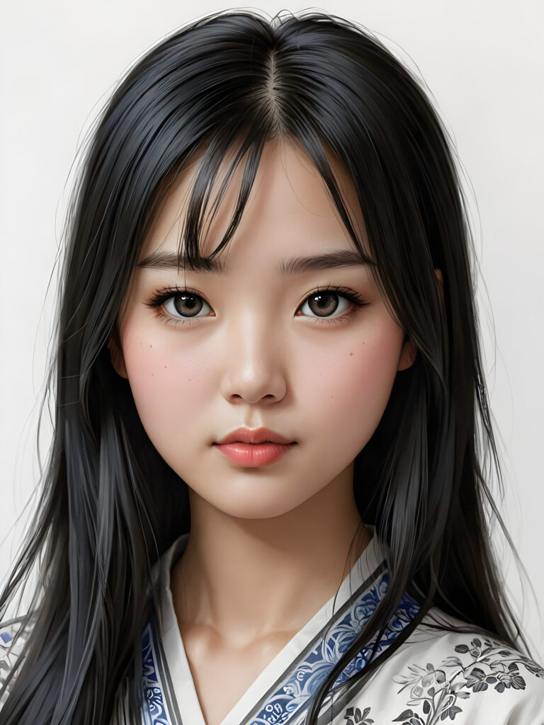 a detailed and realistic picture of a teen girl, traditional Chinese drawing style, she has long straight deep black hair, full lips, round face