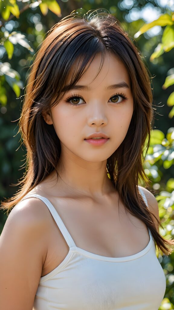 a detailed and realistic upper-body portrait from a Asian teen model girl, 15 years old, against a natural backdrop, detailed soft hair, her hair falls over her shoulders and reaches down to her waist, styled bangs, white short crop tight t-shirt, perfect curved body, ultra realistic round face, realistic amber eyes, kissable lips, she has opened her mouth slightly and looks seductively at the viewer, a photo with beautiful saturation, ultra high resolution, deep shadow, (best quality, masterpiece), break depth of field, film grain, ((full body view)) ((cute)) ((stunning))