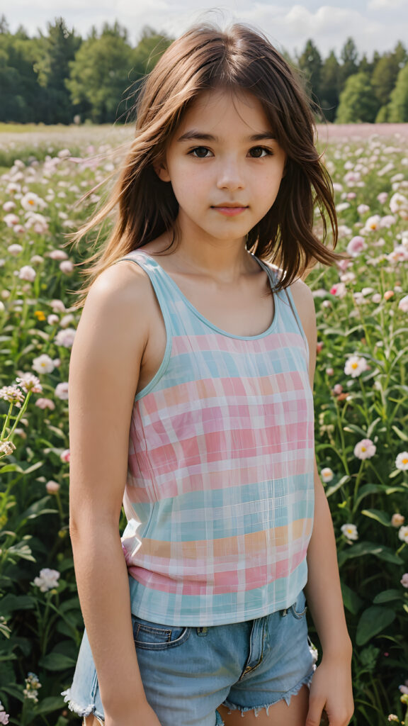 a detailed and perfect portrait with pastel colors, a young cute hippie girl, 13 years old, stands in a flower meadow. She wears a ((checkered tank top)), she look at the viewer, detailed shiny straight soft long brown hair, bangs cut, round detailed face