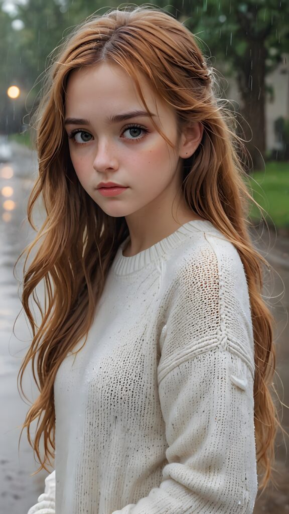 a detailed and realistic portrait of a sad teen girl with long amber hair, big eyes, lovesick and standing alone in the rain, wears a wet white sweater made of fine wool