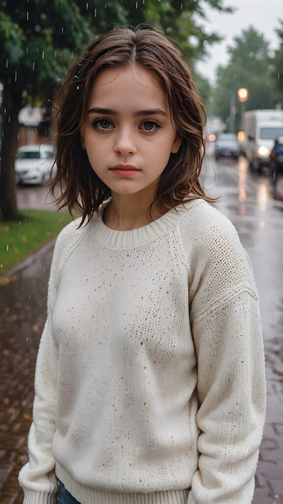 a detailed and realistic portrait of a sad teen girl with brown hair, big eyes, lovesick and standing alone in the rain, wears a wet white sweater made of fine wool