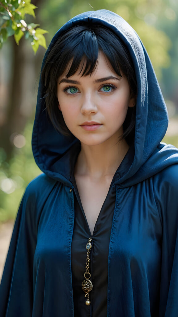 a detailed and realistic picture of: a young sorceress in a blue, tight cloak. She has black, short hair. The picture is very detailed with realistic shadows and soft light. She has a girlish, round face with light green eyes.