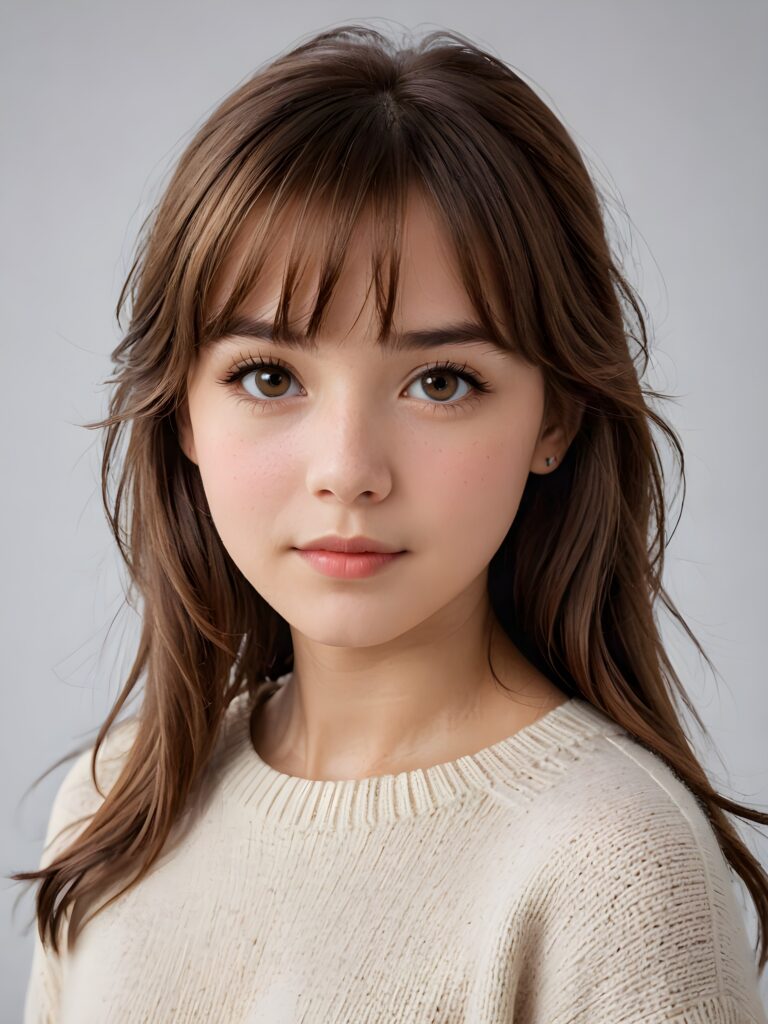 a detailed and realistic photo, a breathtakingly realistic (((portrait))), capturing the essence of a youthful teen girl with a flawlessly proportioned upper body, long, straight soft mahogany brown hair, bangs cut, aged 15, wears a thin wool sweater, posed confidently before the viewer, ((a white canvas as a background)), ((side view))