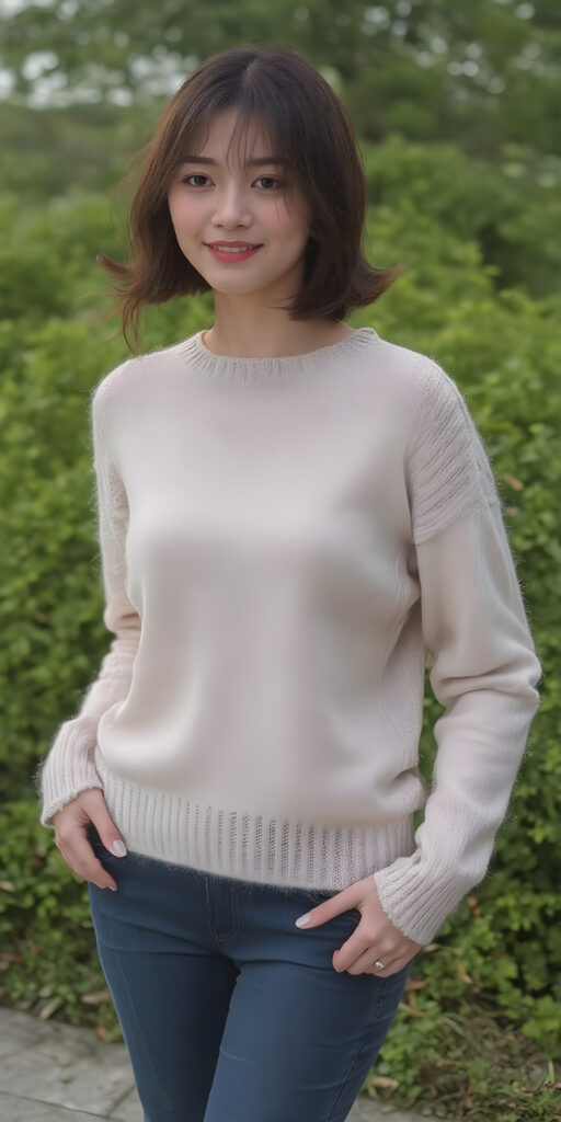 a detailed and cute Korean lady, stunning, gorgeous, perfect body, thin sweater made of fine wool