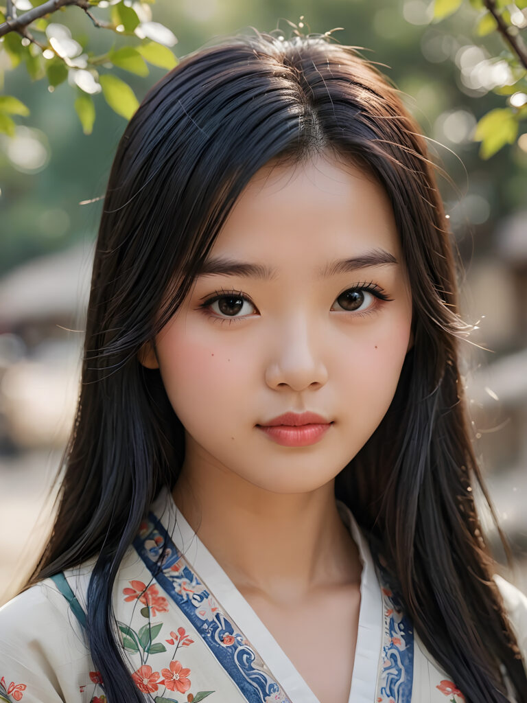 a detailed and realistic picture of a teen girl, traditional Chinese drawing style, she has long straight deep black hair, full lips, round face