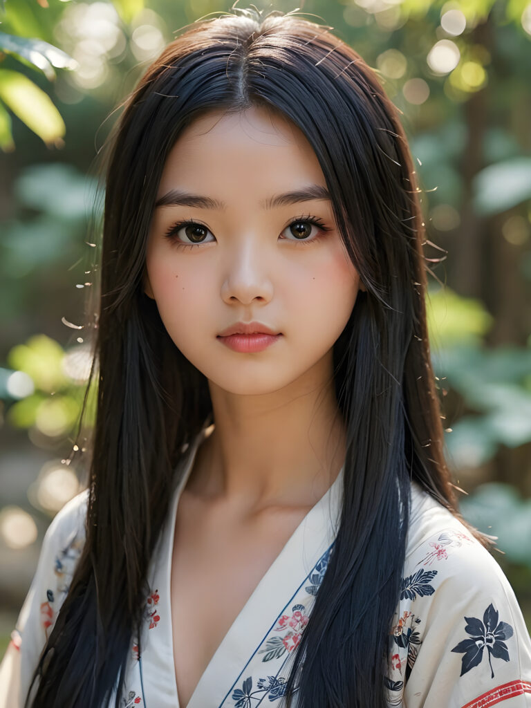 a detailed and realistic picture of a teen girl, traditional Japanese drawing style, she has long straight deep black hair, full lips, round face