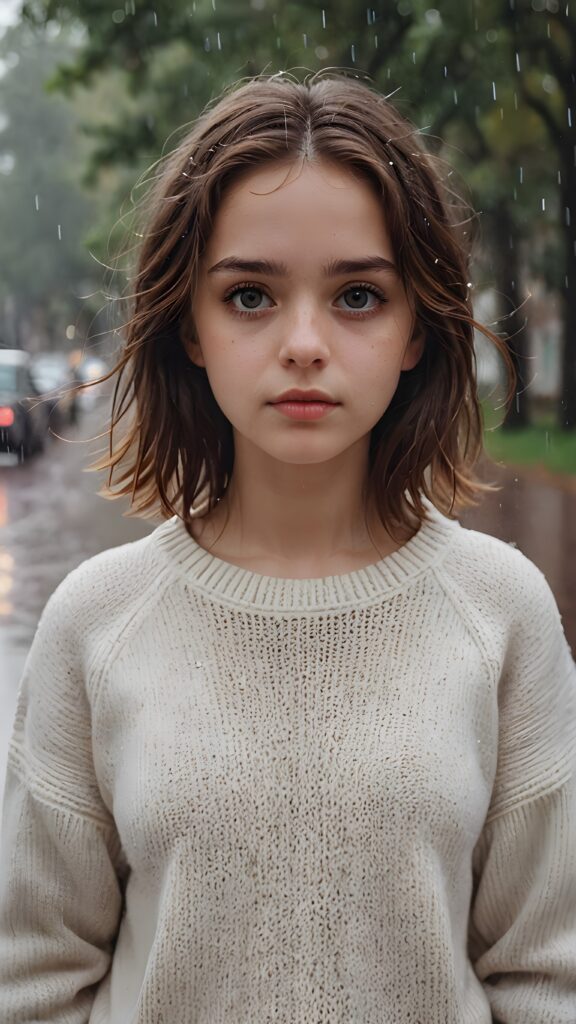 a detailed and realistic portrait of a sad teen girl with brown hair, big eyes, lovesick and standing alone in the rain, wears a wet white sweater made of fine wool