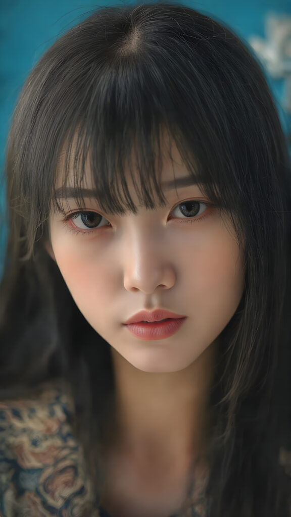 a detailed and realistic (((Japanese teen girl))) with intricate details and ornate patterns, luxurious black long straight hair with side-swept bangs, ((blue background)), perfect light and shadow, ((stunning)), ((gorgeous))