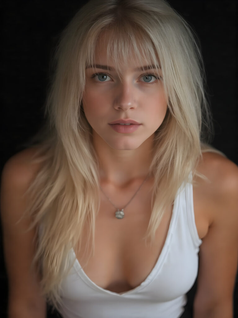 a detailed and realistic portrait, full body, warm tones, cute teen girl, stunning, gorgeous long, straight soft white hair, cropped short white tank top, deep v-neck, full lips, black background, perfect shadows and light, no necklace