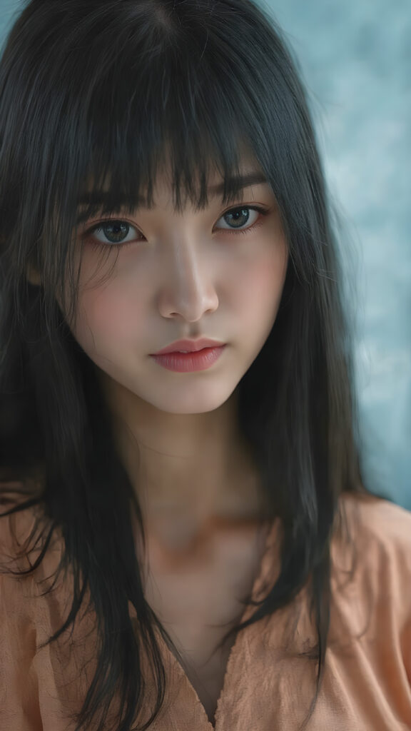 a detailed and realistic (((Japanese teen girl))) with intricate details and ornate patterns, luxurious black long straight hair with side-swept bangs, ((blue background)), perfect light and shadow, ((stunning)), ((gorgeous))