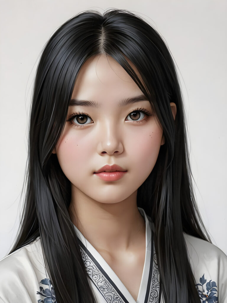 a detailed and realistic picture of a teen girl, traditional Chinese drawing style, she has long straight deep black hair, full lips, round face