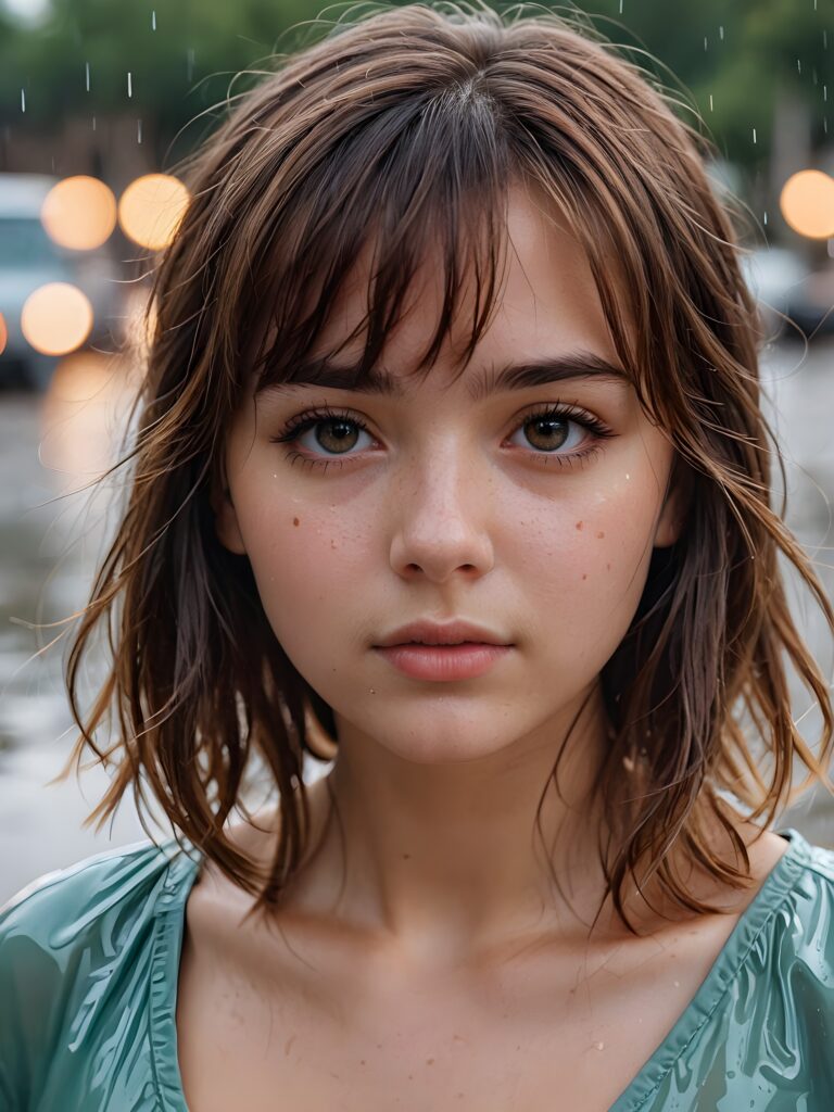 a detailed and realistic portrait of a sad girl with brown hair in bangs cut, big, wet eyes