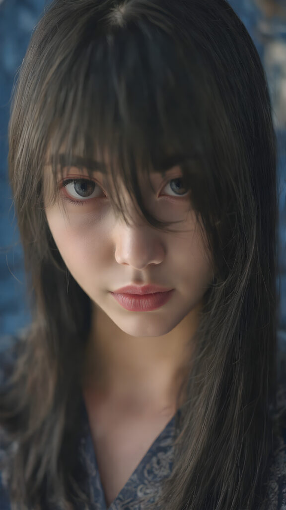 a detailed and realistic (((Japanese teen girl))) with intricate details and ornate patterns, luxurious black long straight hair with side-swept bangs, ((blue background)), perfect light and shadow, ((stunning)), ((gorgeous))