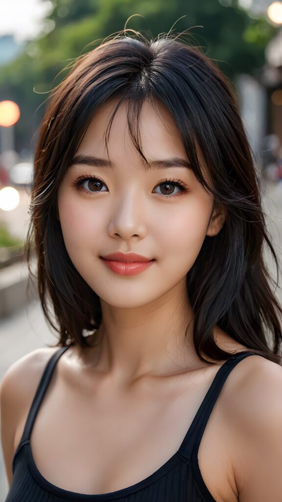 a (detailed and perfect portrait) of a (beautiful young cute Korean girl, warm smile, perfect body), round head and eyes, full red lips, with (very long, straight soft jet black hair), bangs cut, wearing a deep neckline cropped tank top