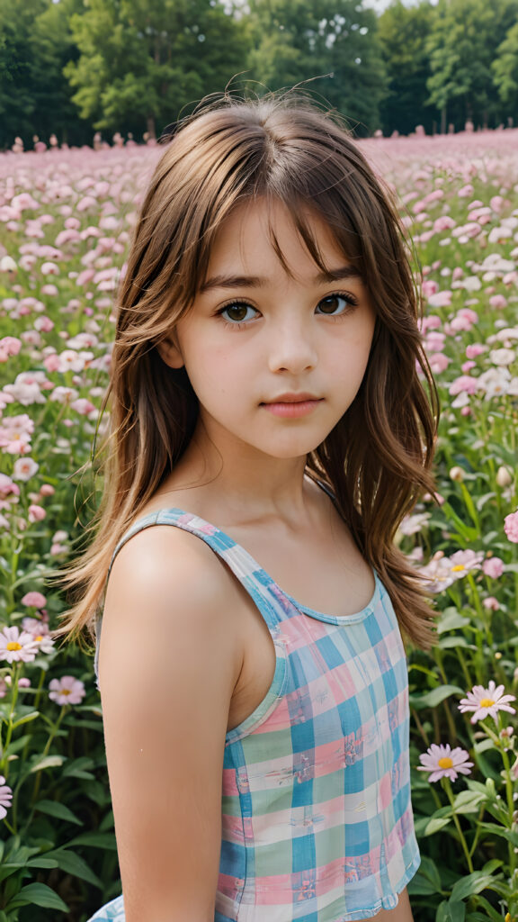 a detailed and perfect portrait with pastel colors, a young cute hippie girl, 13 years old, stands in a flower meadow. She wears a ((checkered tank top)), she look at the viewer, detailed shiny straight soft long brown hair, bangs cut, round detailed face