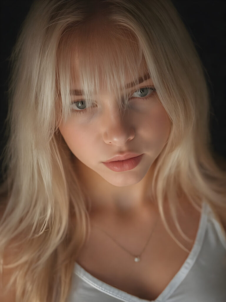 a detailed and realistic portrait, full body, warm tones, cute teen girl, stunning, gorgeous long, straight soft white hair, cropped short white tank top, deep v-neck, full lips, black background, perfect shadows and light, no necklace