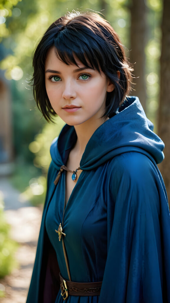 a detailed and realistic picture of: a young sorceress in a blue, tight cloak. She has black, short hair. The picture is very detailed with realistic shadows and soft light. She has a girlish, round face with light green eyes.