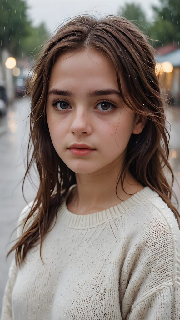 a detailed and realistic portrait of a sad teen girl with brown hair, big eyes, lovesick and standing alone in the rain, wears a wet white sweater made of fine wool