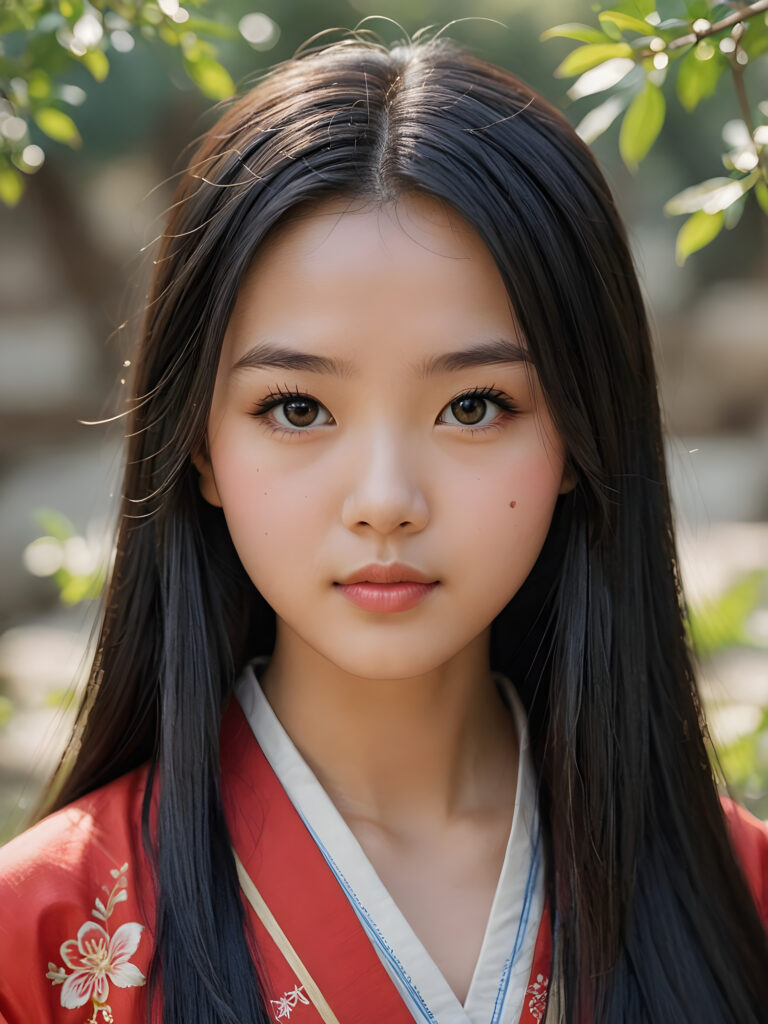 a detailed and realistic picture of a teen girl, traditional Chinese drawing style, she has long straight deep black hair, full lips, round face