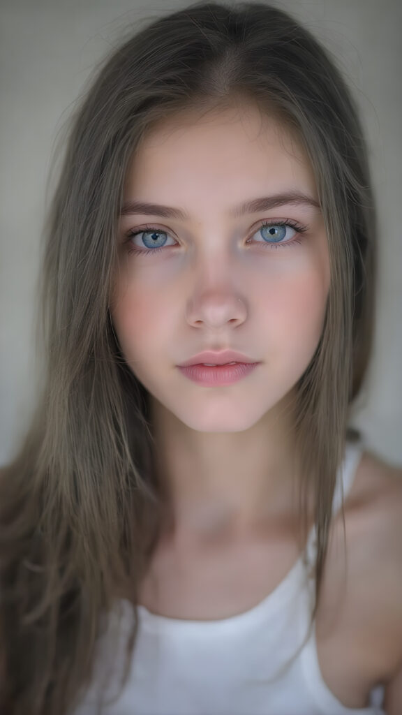 a detailed and realistic photo from a (((beautiful young teen girl), with pale skin and (((long, high volume open jet straight black hair))), long eyelashes , purple eyes (dressed in a (((white cropped tank top))), (((amber eyes))), full body view