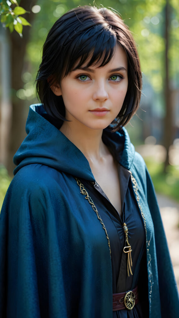 a detailed and realistic picture of: a young sorceress in a blue, tight cloak. She has black, short hair. The picture is very detailed with realistic shadows and soft light. She has a girlish, round face with light green eyes.