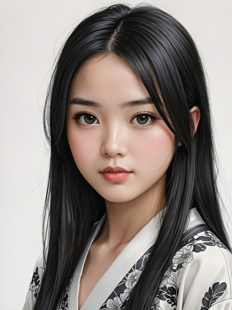 a detailed and realistic picture of a teen girl, traditional Japanese drawing style, she has long straight deep black hair, full lips, round face